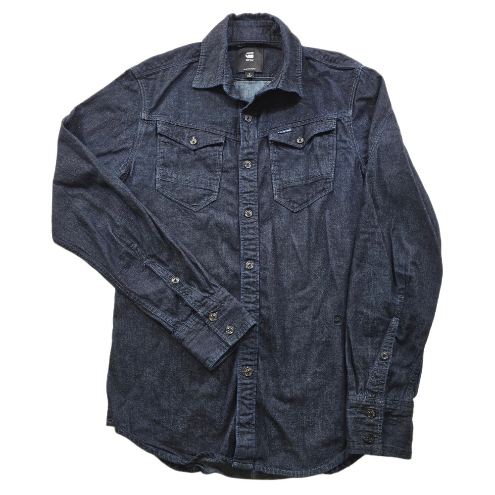 G-Star RAW Denim Shirt Mens Small Dark Indigo Blue Cotton Button Up Slim Fit